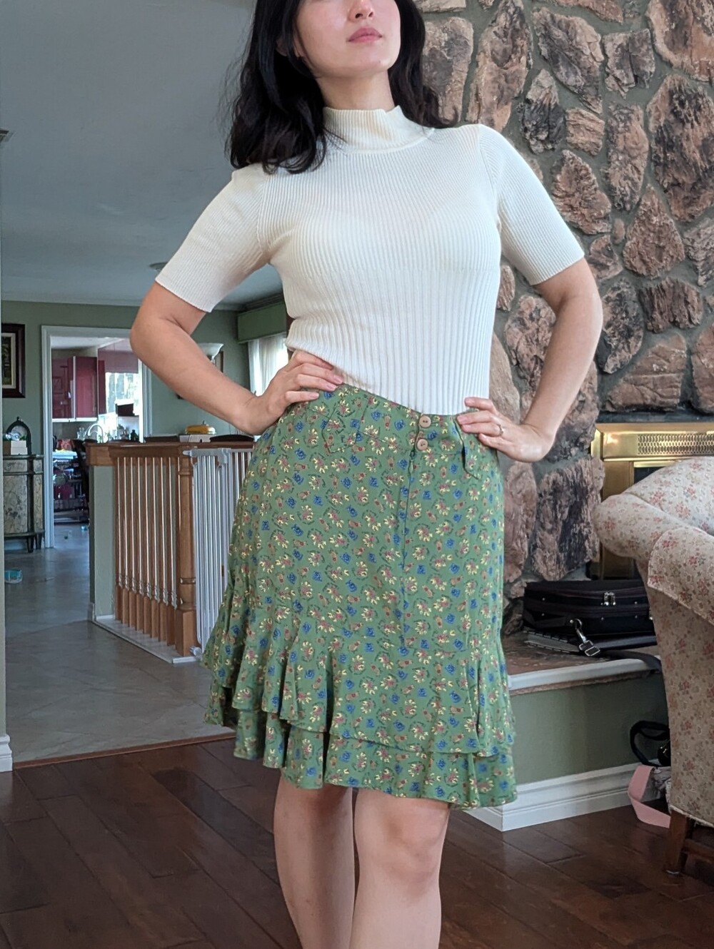 Vintage Green Floral Ruffled Mini Skirt